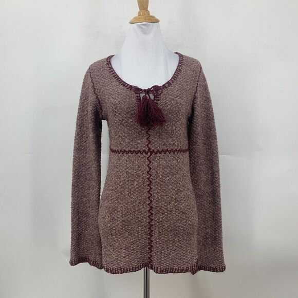 Prana Crochet Trim Sweater Womens S Raisin Stitch Tassle Cotton Tweed Scoop Neck - Picture 2 of 13